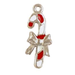 White and Red Epoxy Enameled Candy Cane Charms (±9mm L x 22mm W x 3mm D;  Hole -1mm-;  1D)