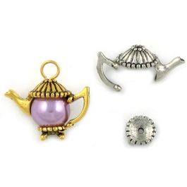 2 - Part Teapot Bead Cap Charm with Decorative Grooved Top (±23mm L x 15mm W x 10mm D;  Hole -1mm-;  3D)  *