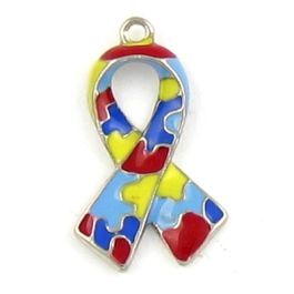 Epoxy Enameled Autism Awareness Ribbon Charm (±16mm L x 27mm W x 3mm D;  Hole -2mm-;  1D)