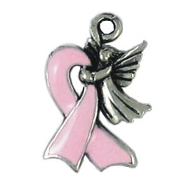 Angel With Pink Epoxy Enameled Ribbon Breast Cancer Awareness Charm (±3mm L x 21mm W x 14mm D;  Hole -2mm-;  1D)