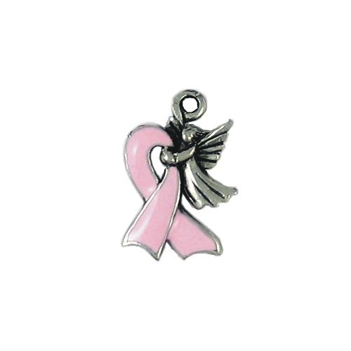 Angel With Pink Epoxy Enameled Ribbon Breast Cancer Awareness Charm 3mm L x 21mm W x 14mm D Hole 2mm 1D