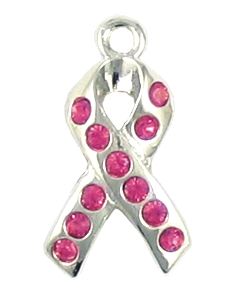 Wholesale Pewter Awareness Ribbon Charms with Pink Crystals.
